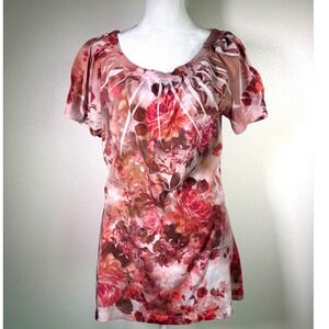 Y2K Floral Rose Print Scoop Neck Pleated Blouse Pink Red Large BLEU Womens Girly